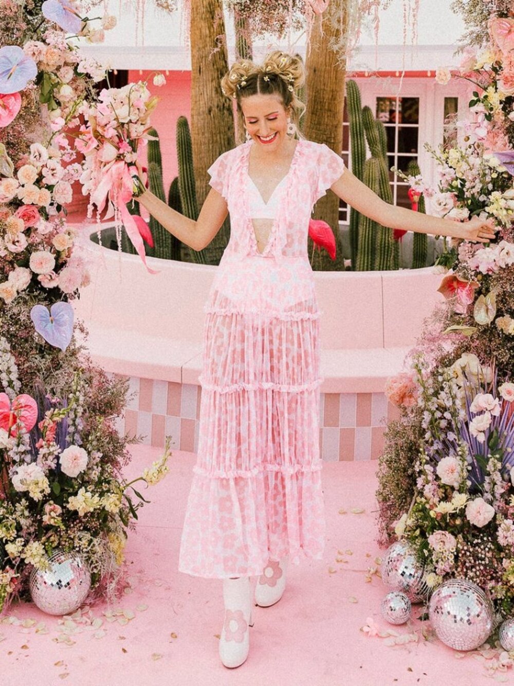 Dazey LA Dream Day Sheer Pink & White Mesh Floral Dress S